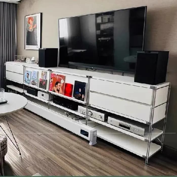Meuble TV blanc combiné avec rangement pour salon