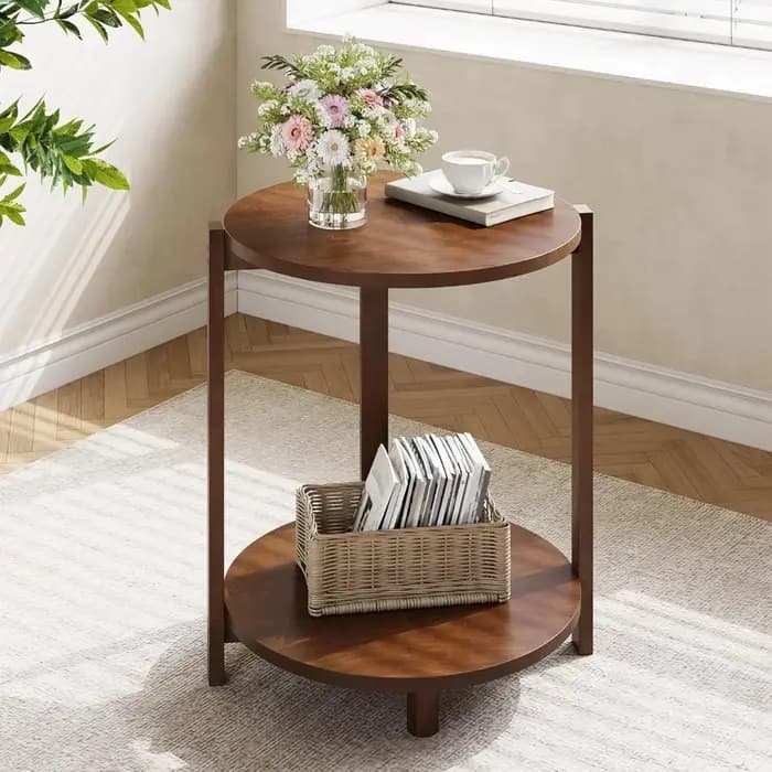 Table d'appoint en bois massif pour salon, petite table ronde avec rangement à 2 niveaux, table de c