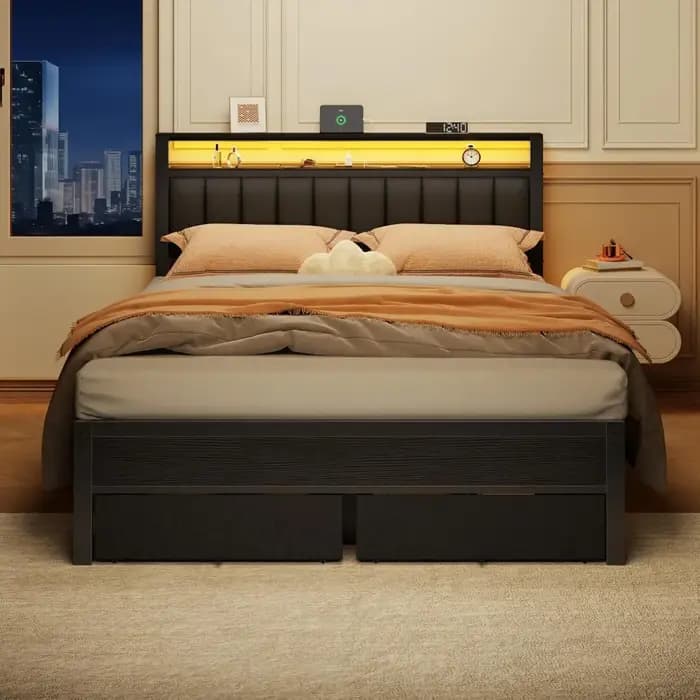 Cadre de lit avec station de charge et éclairage LED, tête de lit rembourrée grise avec étagères, li