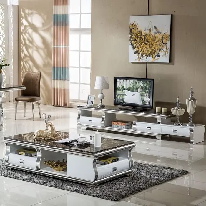 Linlamlim mn-Ensemble de meubles de salon en acier inoxydable, meuble TV pliable en marbre et table