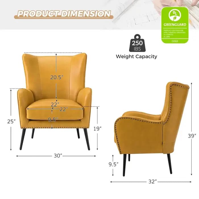 Fauteuil d'appoint en similicuir avec coussin amovible, fauteuil rembourré confortable avec pieds en