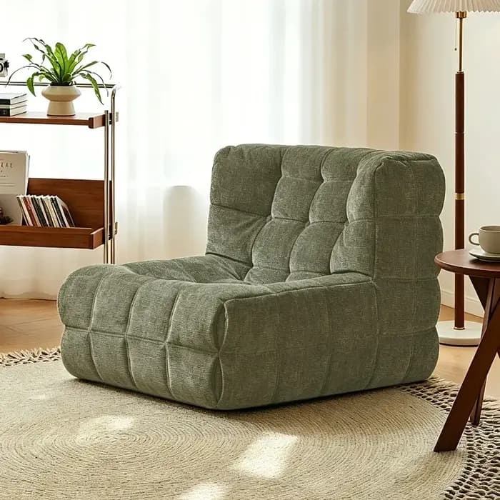 Fauteuil de sol rétro décontracté pour salon, balcon, chambre à coucher, style tatami, avec tissu gaufré et coussin épais confortable.