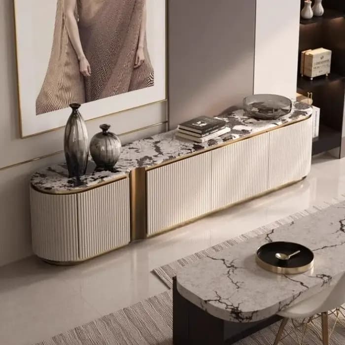 Meuble TV moderne en marbre avec rangement pour vases