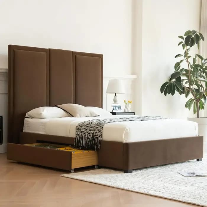 Lit plateforme rembourré Queen Size avec tête de lit haute de 64 pouces, tiroirs de rangement, suppo