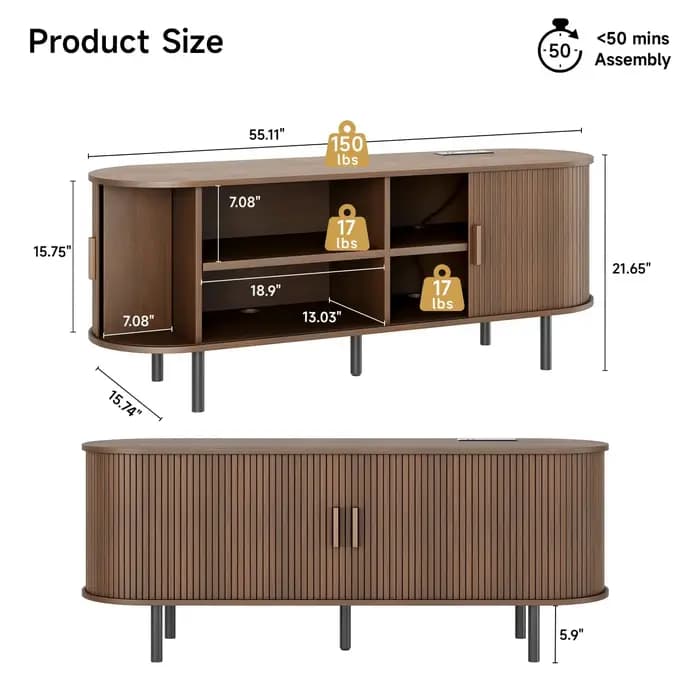 Meuble TV avec prise de courant pour téléviseur jusqu'à 60/70 ", table TV avec portes coulissantes,