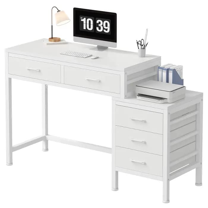 Bureau d'ordinateur JHK 51IN avec 5 tiroirs, petit bureau de bureau, table d'ordinateur avec support