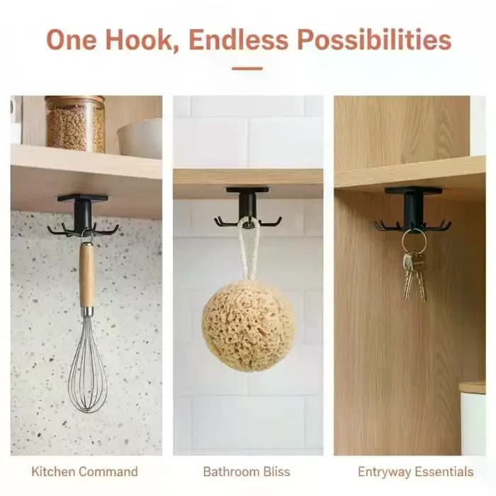 Support adhésif pour ustensiles de cuisine sous l'armoire avec rotation à 360° et 6 crochets pour le rangement