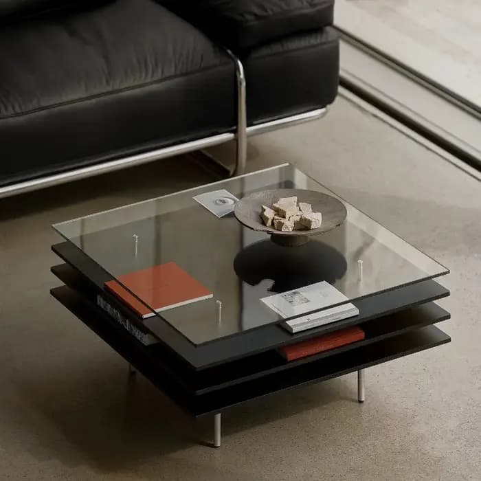 Table basse en verre noir avec rangement pour salon et hôtel