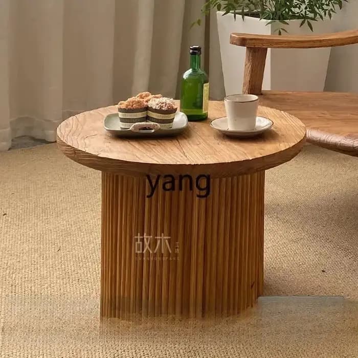 Table basse ronde en bois massif LMM style wabi-sabi, petite table à thé pour balcon, table ronde si