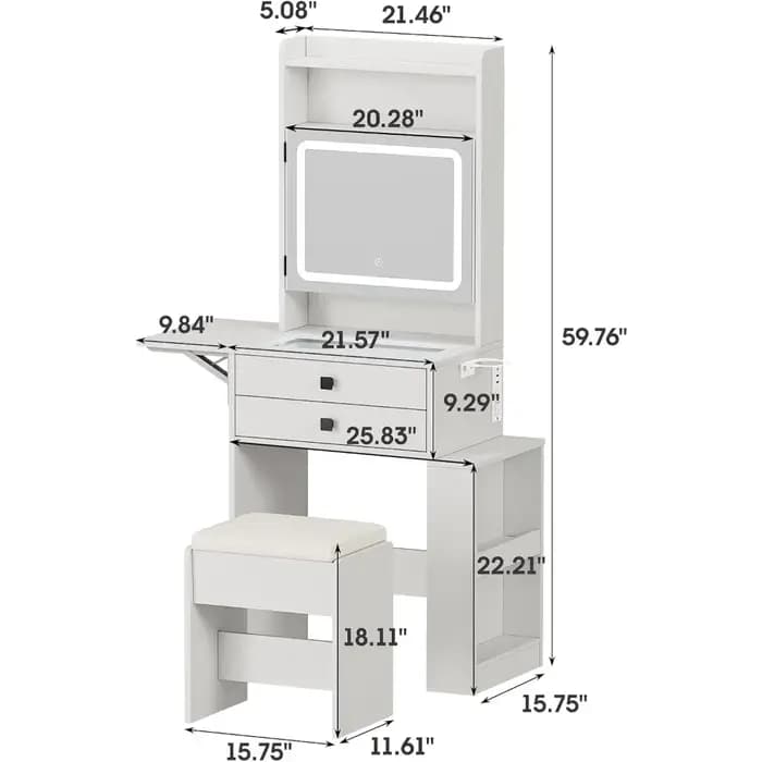 Petit bureau de maquillage avec miroir éclairé réglable à 3 niveaux, ensemble de coiffeuse blanc ave