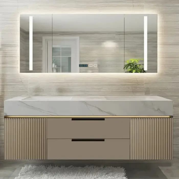 Meuble de salle de bain de luxe en bois avec tiroirs étanches, design élégant, ensemble complet de r