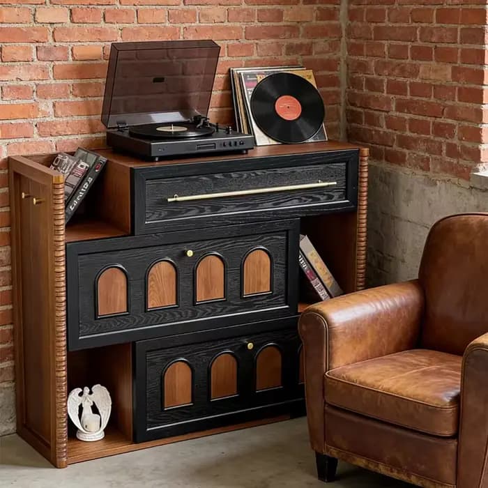 Buffet en bois, console géométrique sculptée en bois massif, chêne teinté noir, armoire en noyer naturel, meuble de couloir moderne
