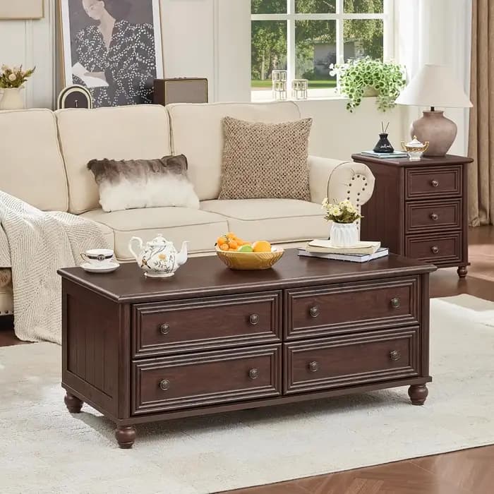 Table basse en bois de 48 pouces avec 4 tiroirs, poignée romaine, base incurvée rustique, pour salon