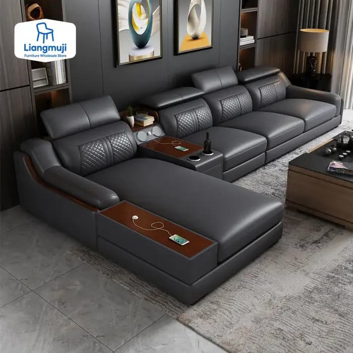 Canapé italien élégant en cuir véritable pour le salon avec porte-gobelet, USB, appui-tête réglables