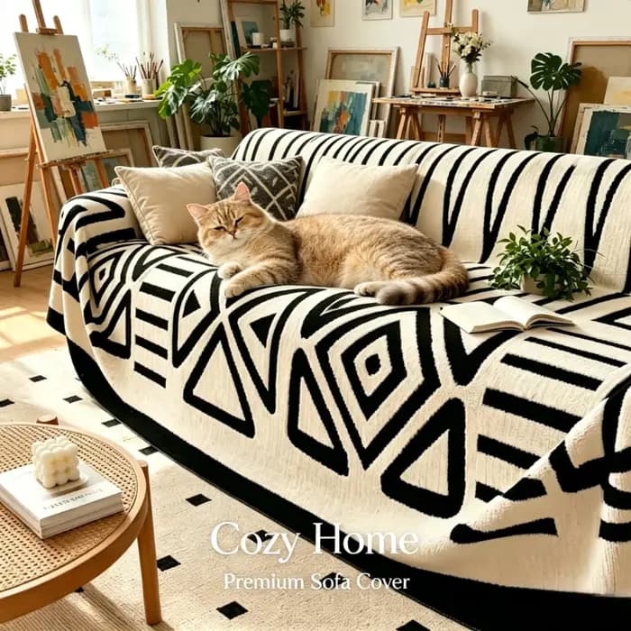 Housse de canapé en flanelle Boho noir et blanc 180×230cm