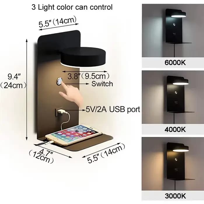 Applique Murale LED avec Chargeur USB pour Téléphone Portable