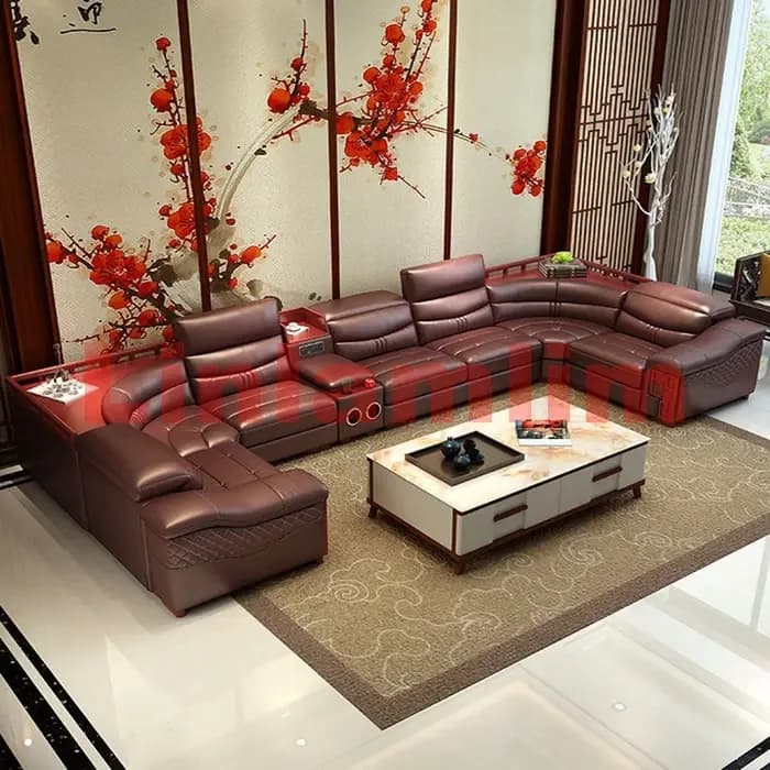 Ensemble de canapé de luxe en cuir véritable en forme de U avec fauteuil inclinable