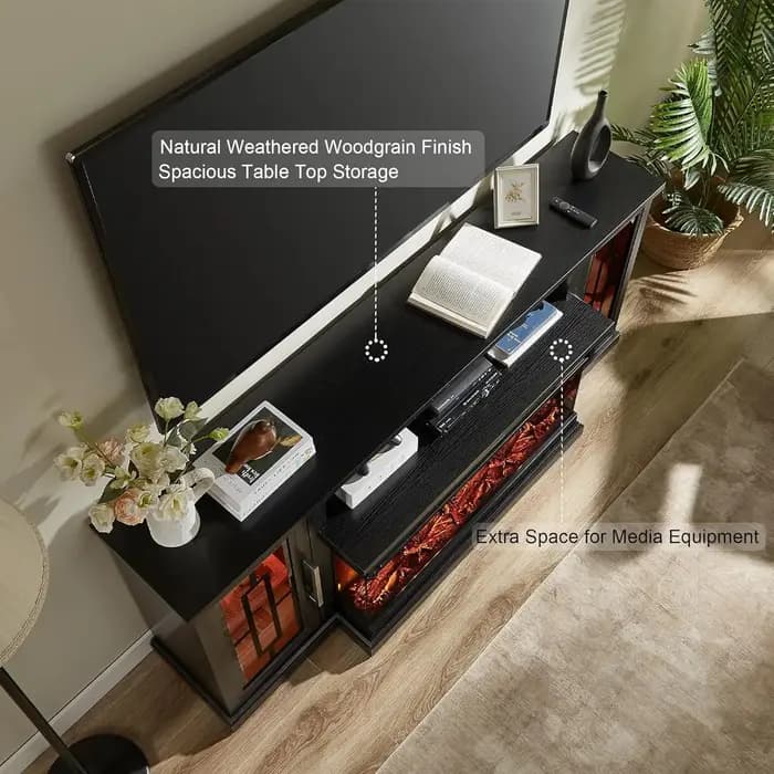 Meuble TV électrique LED 75 pouces avec foyer, console haute, verre 3 faces, flamme réglable, centre