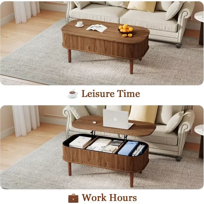 Table basse relevable cannelée avec rangement dissimulé, table basse ovale avec plateau relevable, d