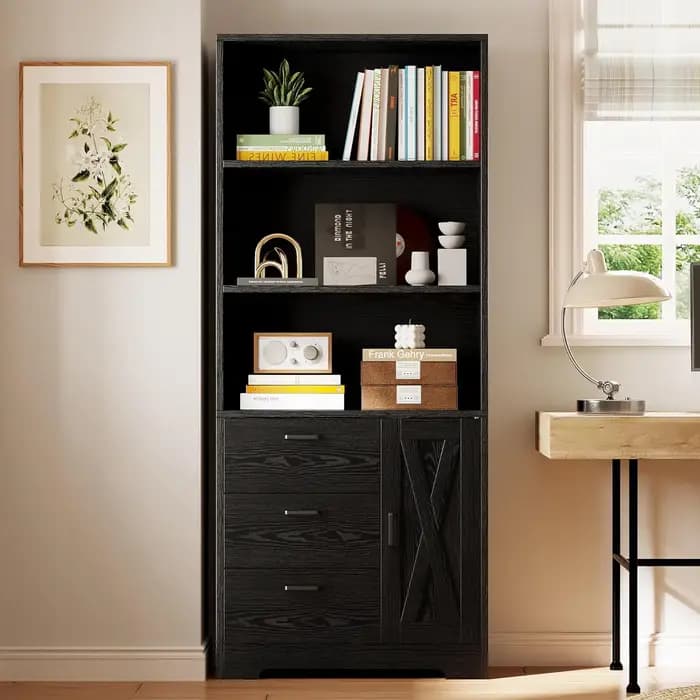 Étagère IRONCK avec porte et 3 tiroirs, bibliothèque de 71 pouces de hauteur avec 3 niveaux d'étagèr