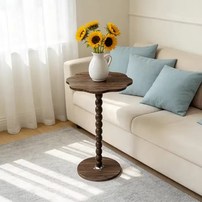 Table d'appoint marron à motif floral, table d'appoint moderne étroite avec piétement sur pied pour petits espaces, à côté du canapé et du bureau