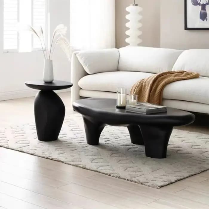Table basse moderne créative en forme de galet, quelques tables basses noires de forme spéciale pour