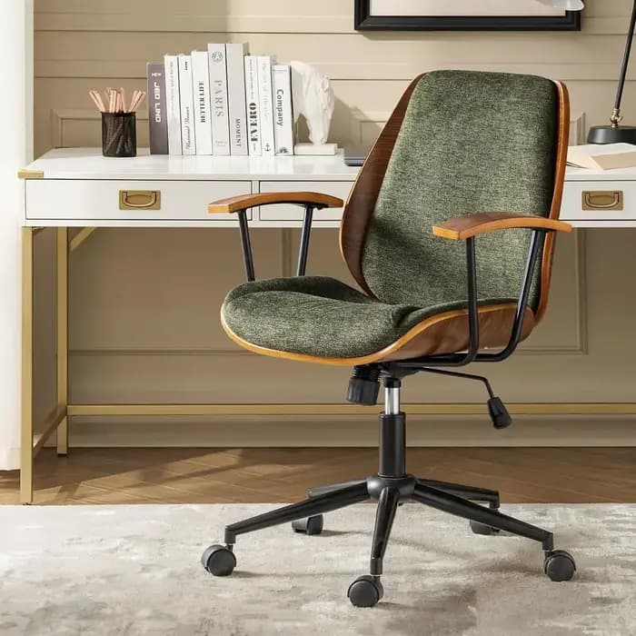 Chaise de bureau ergonomique pivotante avec revêtement en polyester et structure en bois courbé, hau