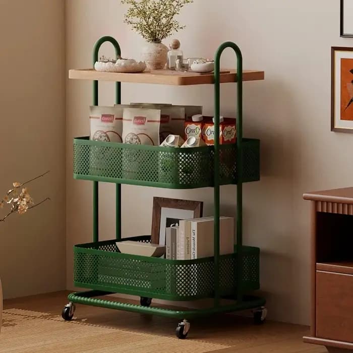 Tables d'appoint en métal et bois avec rangement sur roulettes