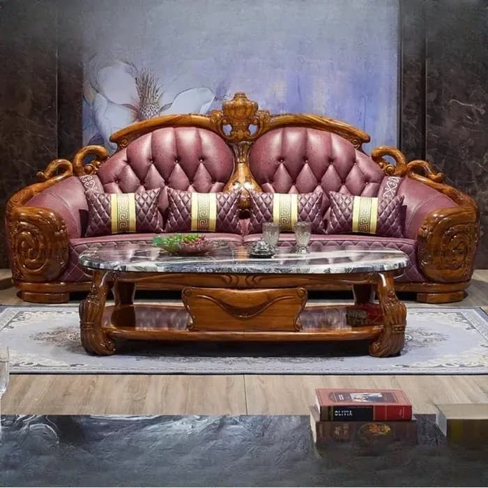 Canapé de luxe européen en cuir véritable sculpté