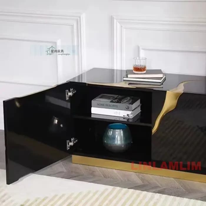Meuble de rangement brillant pour salon ou salle à manger, buffet/stand TV de luxe noir/blanc avec accents dorés