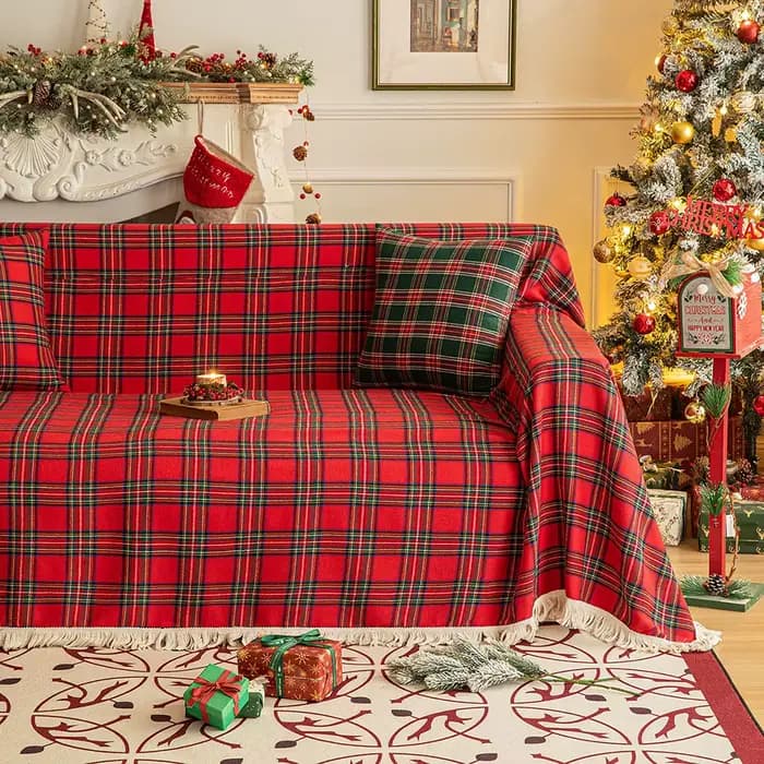 Housse de serviette de canapé à carreaux de noël