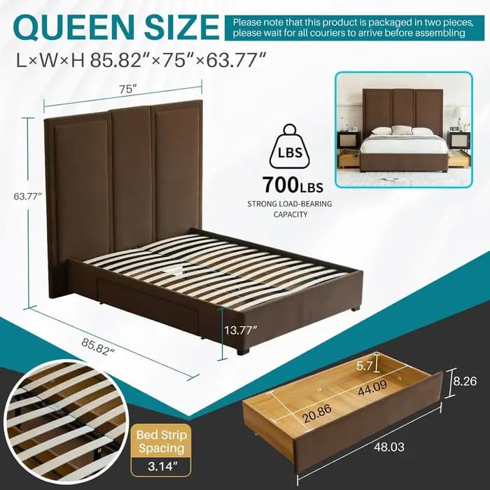 Lit plateforme rembourré Queen Size avec tête de lit haute de 64 pouces, tiroirs de rangement, suppo