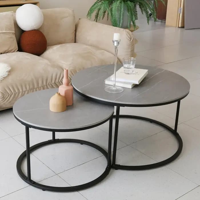 Ensemble de table basse en marbre gris rond nidification moderne, table en pierre frittée, pieds en