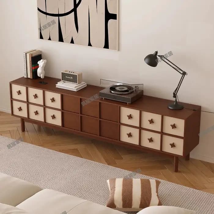 Meuble TV en bois massif style Farmhouse avec éclairage intégré sous le rangement
