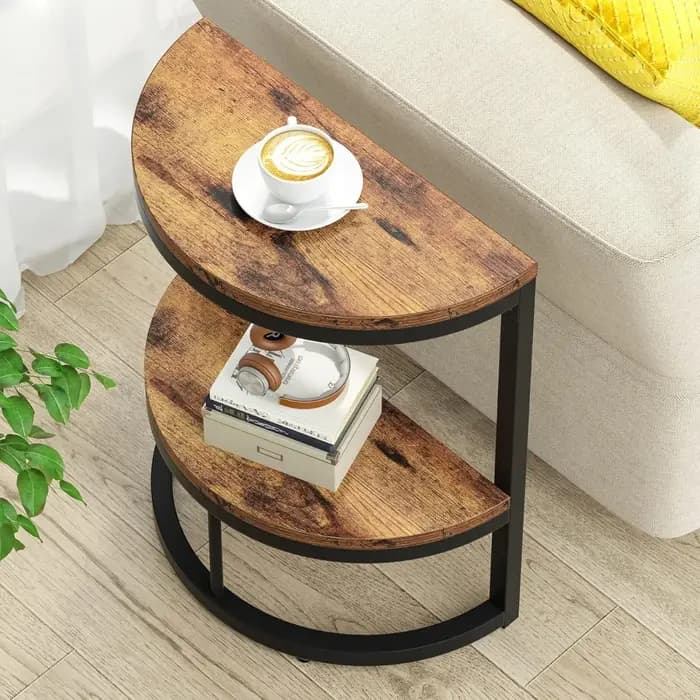 Table d'appoint semi-cercle à 2 niveaux, table d'appoint demi-ronde avec étagère de rangement, table
