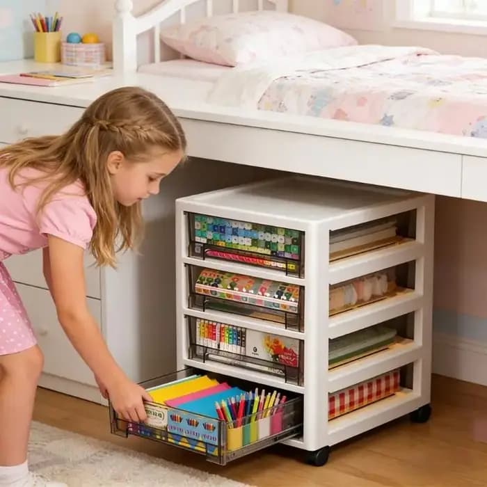 Unité rangement en plastique avec compartiments roues visibles