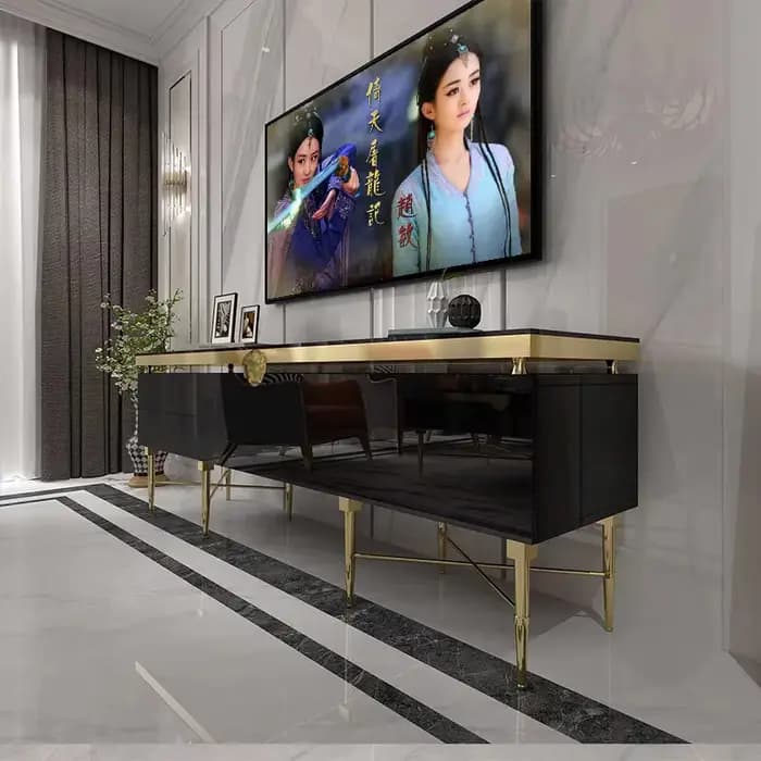 Table TV de luxe avec base et rangement en acier inoxydable doré, couleurs noir et blanc