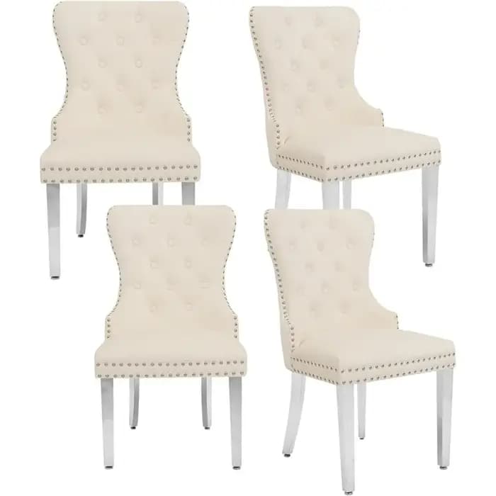 Ensemble de 4 chaises de salle à manger en velours, chaise de salle à manger capitonnée avec anneau
