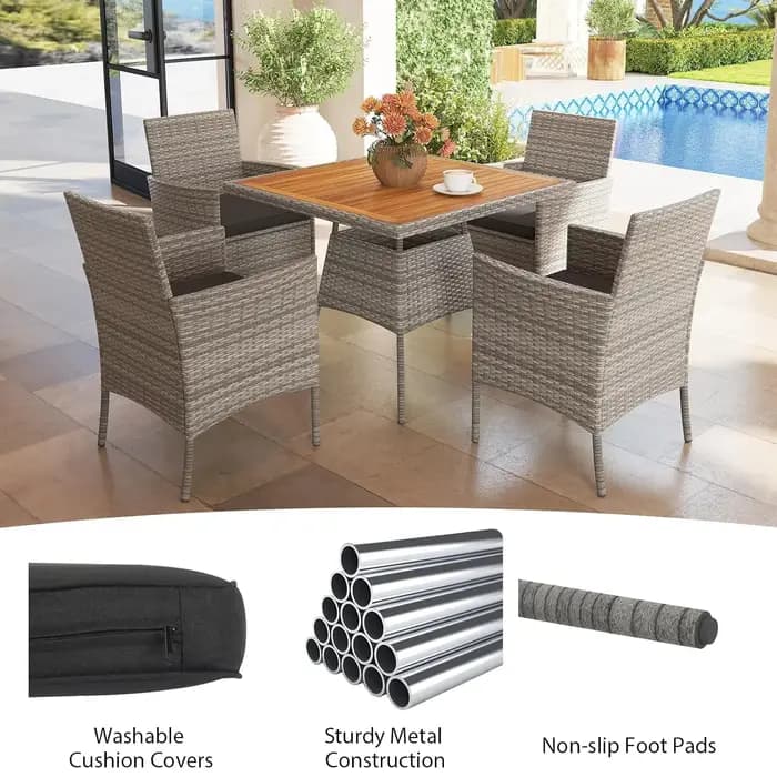 Ensemble de salle à manger de jardin en rotin PE 5 pièces, table, chaises, coussins, terrasse extéri