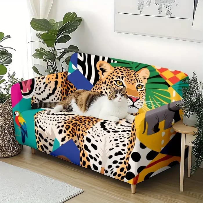 Housse de canapé extensible à imprimé léopard tropical avec patchwork éléphant et perroquet