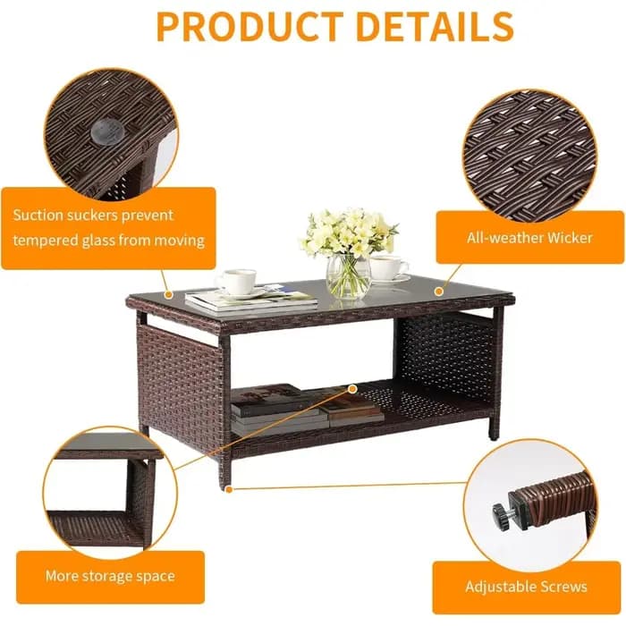 Table basse d'extérieur en osier avec plateau en verre trempé et rangement pour patio
