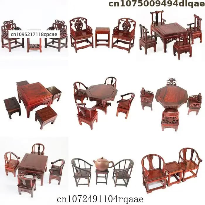 Miniature de fauteuil et table en bois de séquoia de style antique