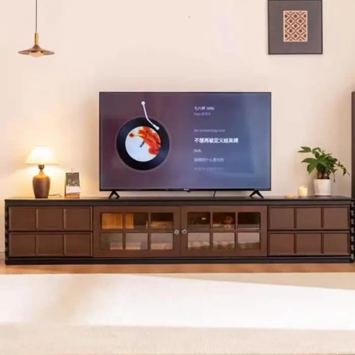 Meuble TV vintage en bois avec portes en verre