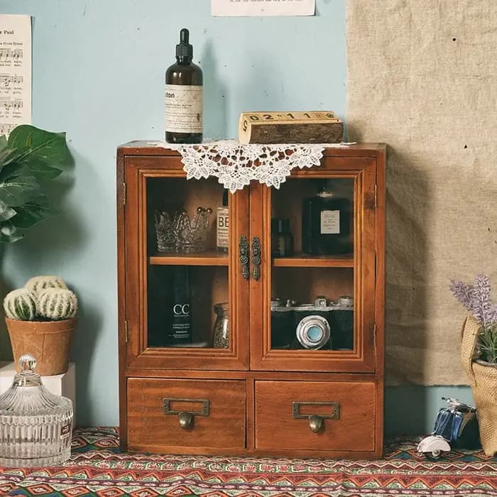 Armoire de présentation à double porte en bois massif de style nordique rétro, armoire de rangement pour cosmétiques, boîte de rangement de bureau avec tiroirs