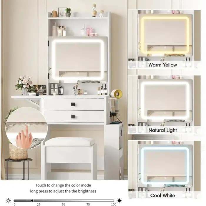 Petit bureau de maquillage avec miroir éclairé réglable à 3 niveaux, ensemble de coiffeuse blanc ave
