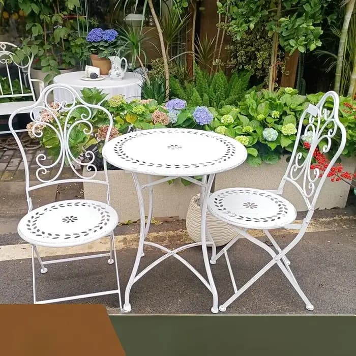 Silla Plegable américain rétro vieux motif creux chaise en fer forgé pliable cour extérieure Villa loisirs