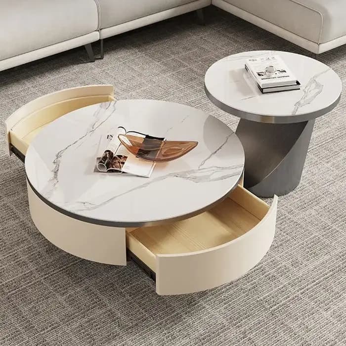 Ensemble de meubles de salon de luxe moderne italien : Meuble TV et table basse ronde en marbre avec rangement