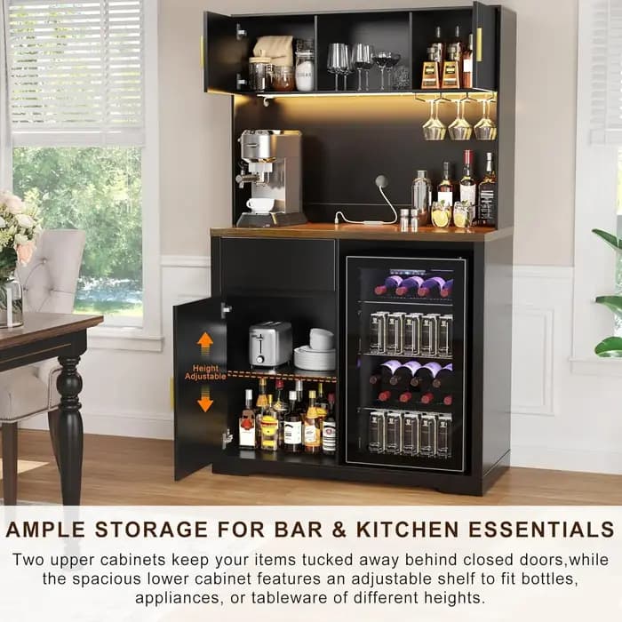 Armoire de bar haute de 72 pouces avec espace réfrigérateur, armoire à liqueur et à café à nervures