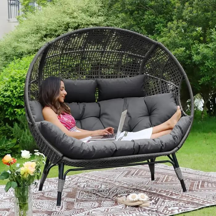 Pour chaise à œufs Double, stationnaire d'intérieur et d'extérieur, coussins rembourrés épais surdimensionnés, causeuse à œufs pour 2 personnes, pour Patio et balcon