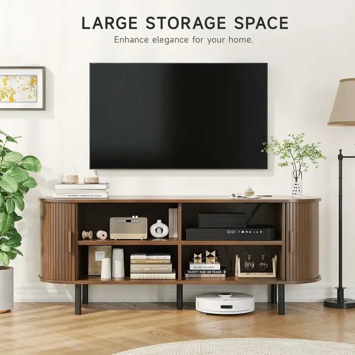 Meuble TV avec prise de courant pour téléviseur jusqu'à 60/70 ", table TV avec portes coulissantes,